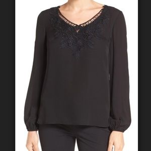 Elie Tahari Mina Lace Trim Silk Blouse in Blue